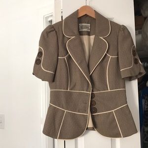Tailored Short Sleeve Taupe Blazer with Contrast Piping